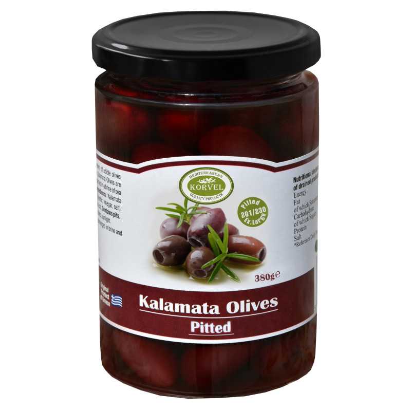 Măsline Kalamata fără sâmburi dimensiune 201/230 Extra Large, KORVEL, borcan de sticlă 380 gr