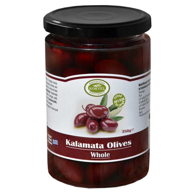 Aceitunas Kalamata enteras tamaño 201/230 Extra Grande, KORVEL, tarro de cristal 380 gr