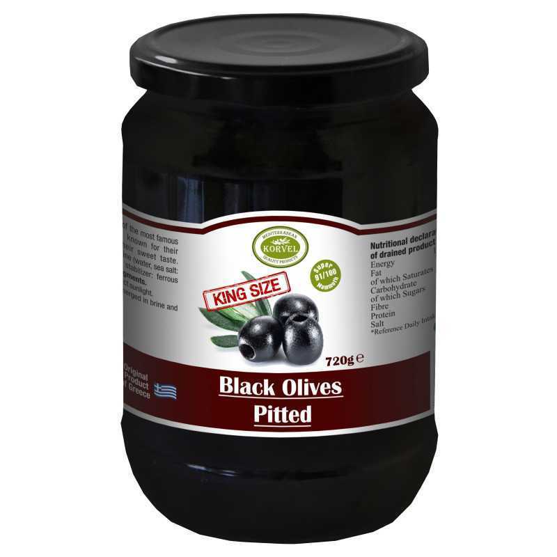 Black oxidized olives pitted size 111/120 Super Colossal, KORVEL, glass jar 720 gr