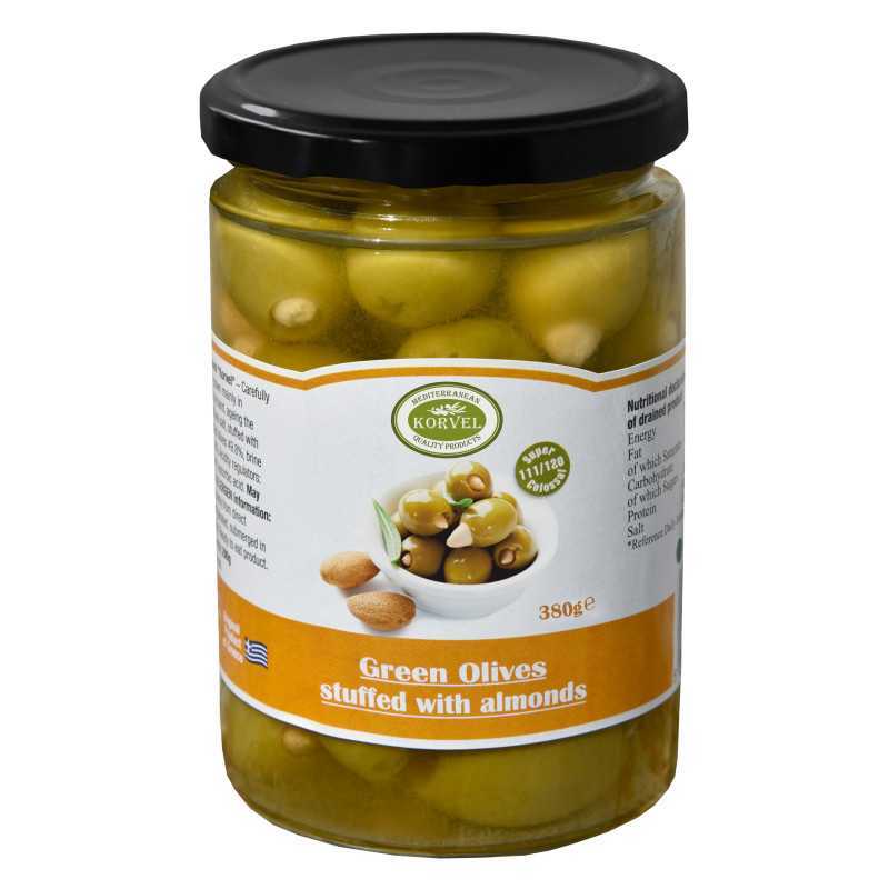 Grüne Oliven mit Mandeln Größe 111/120 Super Colossal, KORVEL, Glasgefäß 380 gr