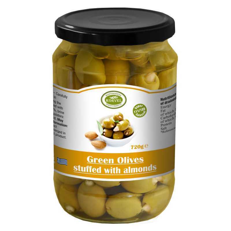 KORVEL MEDITERRANEAN QUALITY PRODUCTS>Zöld olajbogyó mandulával 111/120 Super Colossal, KORVEL, 720 gr-os üvegben, zöld olajbogyó, mandulával>Üvegedény 720 ml