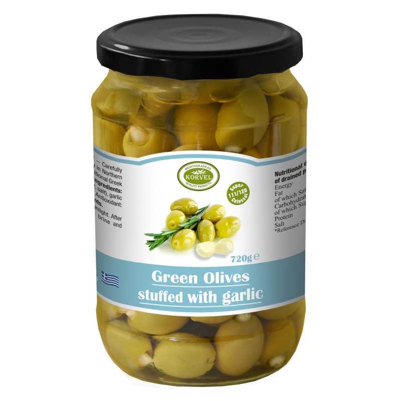 Aceitunas verdes con ajo tamaño 111/120 Super Colossal, KORVEL, tarro de cristal 720 gr