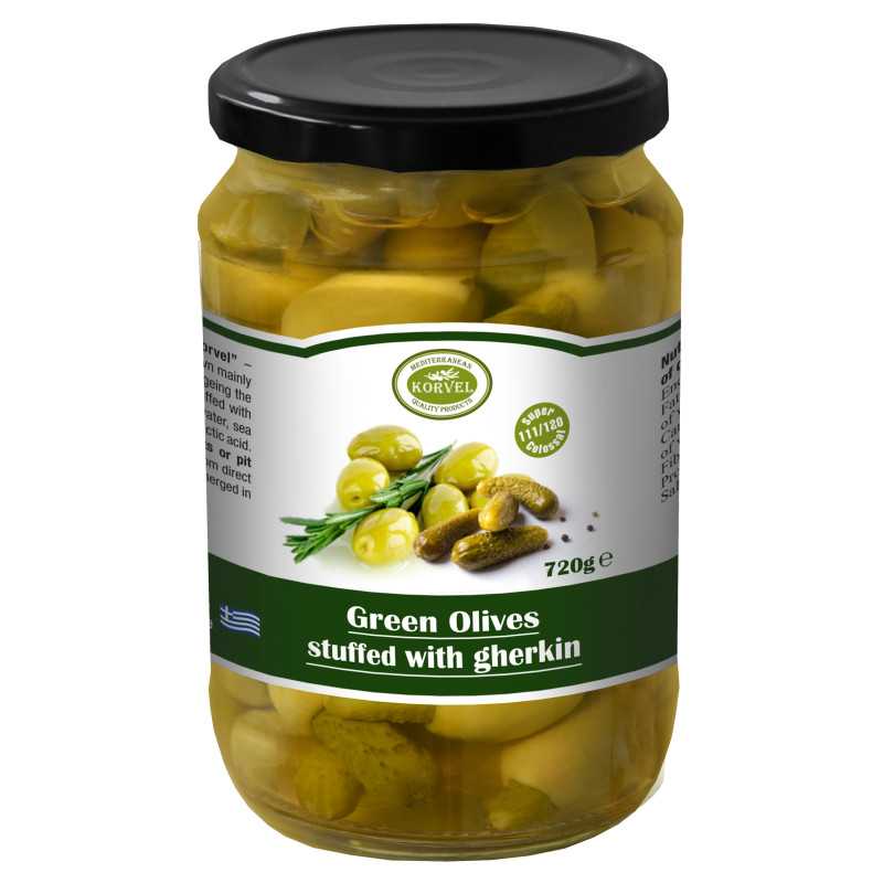 Groene olijven met augurken maat 111/120 Super Colossal, KORVEL, glazen pot 720 gr