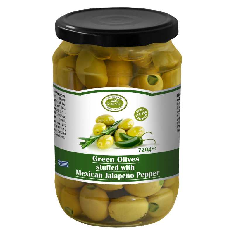 Πράσινες ελιές με πιπεριά jalapeno μέγεθος 111/120 Super Colossal, KORVEL, γυάλινο βάζο 720 gr