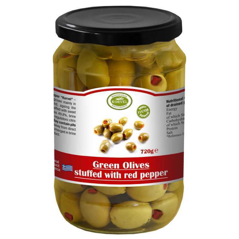 Aceitunas verdes con pimiento rojo dulce tamaño 111/120 Super Colossal, KORVEL, tarro de cristal 720 gr