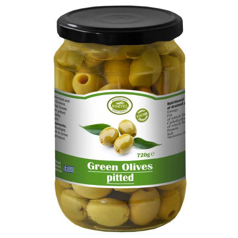 Olives vertes dénoyautées taille 111/120 Super Colossal, KORVEL, bocal en verre 720 gr