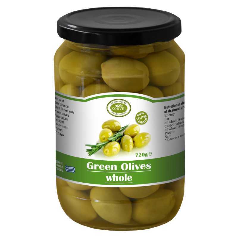 Aceitunas verdes enteras tamaño 111/120 Super Colossal, KORVEL, tarro de cristal 720 gr