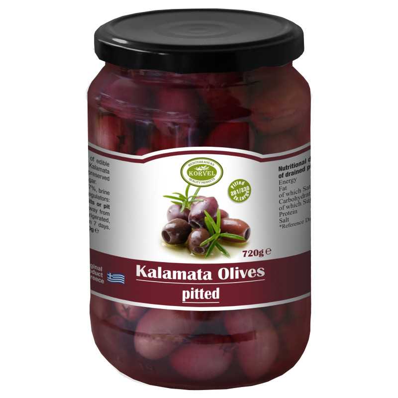 KORVEL MEDITERRANEAN QUALITY PRODUCTS>Olivy Kalamata bez kôstok veľkosť 201/230 Extra Large, KORVEL, sklenená nádoba 720 gr>Sklenená nádoba 720 ml