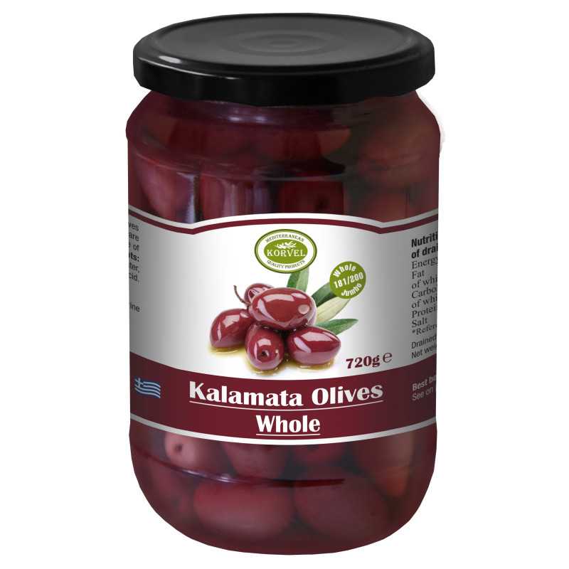 Kalamata olives whole size 201/230 Extra Large, KORVEL, glass jar 720 gr