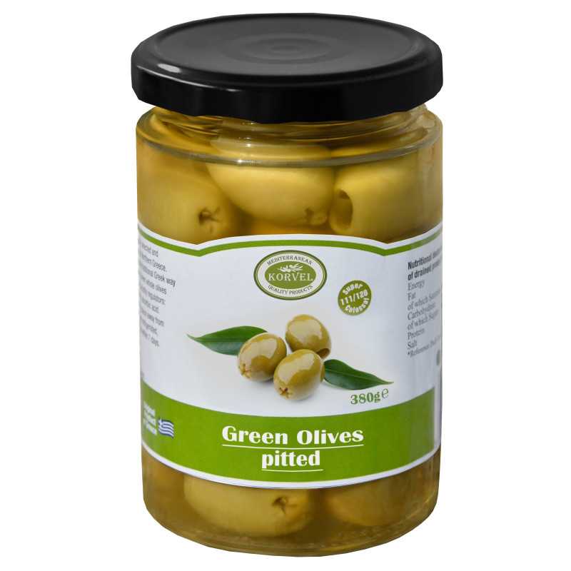 Olives vertes dénoyautées taille 111/120 Super Colossal, KORVEL, bocal en verre 380 gr