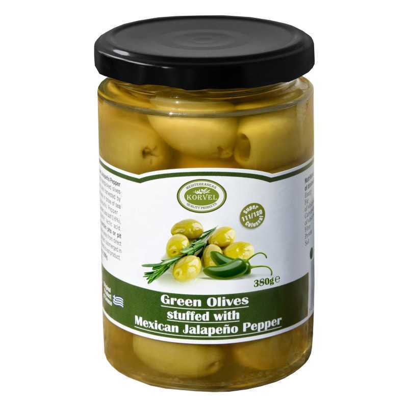 Green olives with jalapeno pepper size 111/120 Super Colossal, KORVEL, glass jar 380 gr