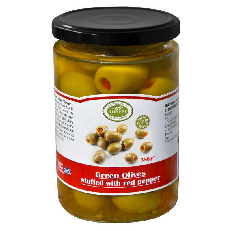 Aceitunas verdes con pimiento rojo dulce tamaño 111/120 Super Colossal, KORVEL, tarro de cristal 380 gr