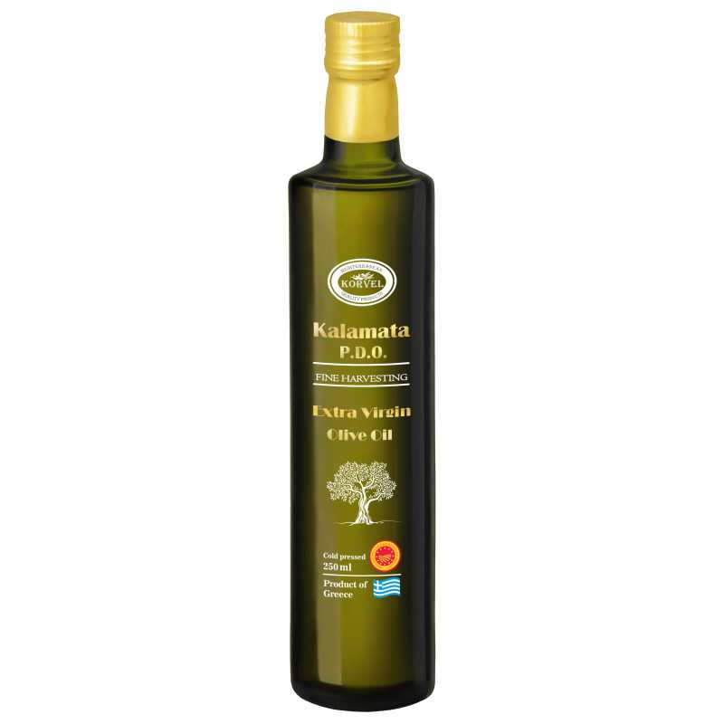 KORVEL MEDITERRANEAN QUALITY PRODUCTS>Grieķijas īpaši neapstrādāta olīveļļa ACVN Kalamata, KORVEL, stikla pudele Dorica, 250 ml>Ekstra neapstrādāta olīveļļa