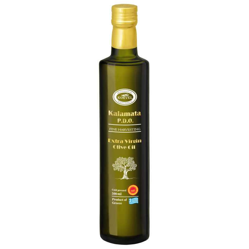 KORVEL MEDITERRANEAN QUALITY PRODUCTS>Graikiškas ypač tyras alyvuogių aliejus SKVN Kalamata, KORVEL, stiklinis butelis Dorica, 500 ml>Ypač tyras alyvuogių aliejus