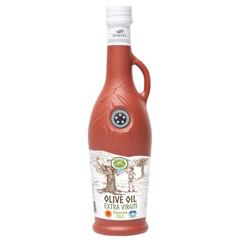 KORVEL MEDITERRANEAN QUALITY PRODUCTS>Graikiškas pirmojo spaudimo alyvuogių aliejus SKVN Kalamata, KORVEL, rudoji amfora, 500 ml>Produktai