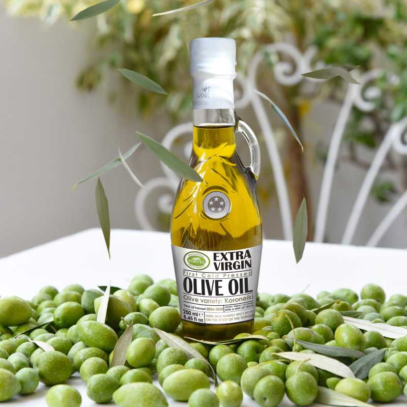 Greek Extra Virgin olive oil, KORVEL, glass bottle Amphora, 250 ml