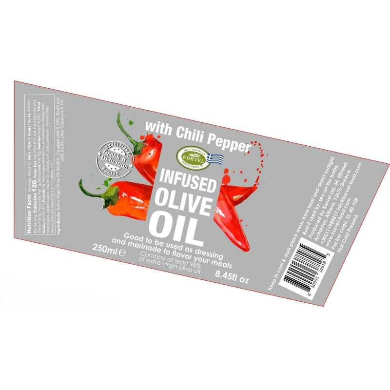 KORVEL MEDITERRANEAN QUALITY PRODUCTS>Grécky extra panenský olivový olej s chilli papričkou, KORVEL, sklenená fľaša Amphora, 250 ml>Infúzny extra panenský olivový olej