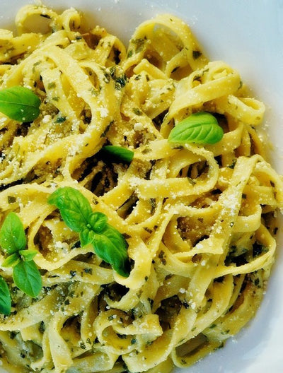 Tagliatelle with pesto and parmesan cheese