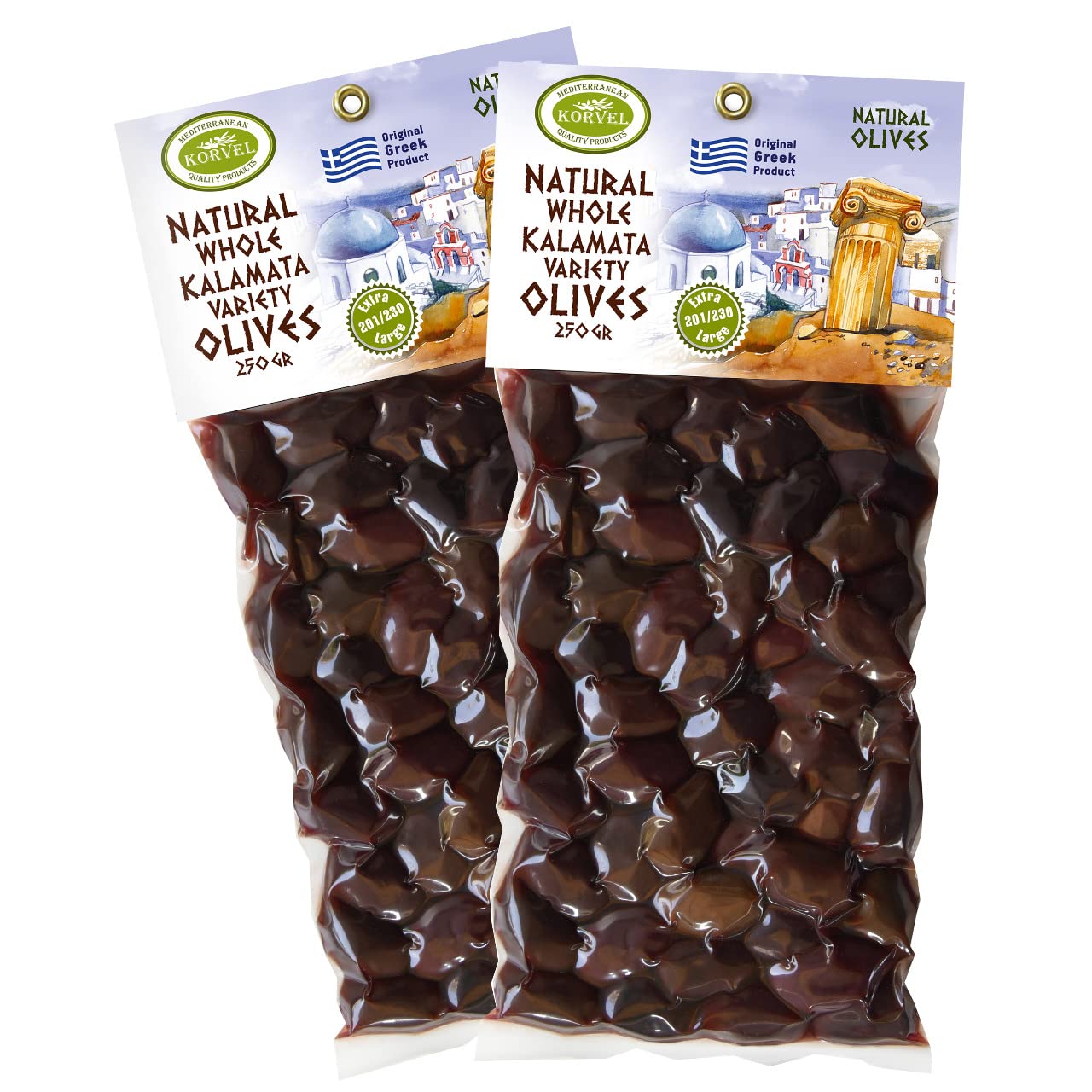 KORVEL Greek Olives Varieties of Kalamata - set of two packs, 2 x 0.55lb - 1.1lb, 2 x 250g - 500g - Vacuum Pack