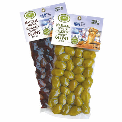 KORVEL Greek Olives - Mix Halkidiki and Kalamata - set of two packs, 2 x 0.55lb - 1.1lb, 2 x 250g - 500g - Vacuum Pack