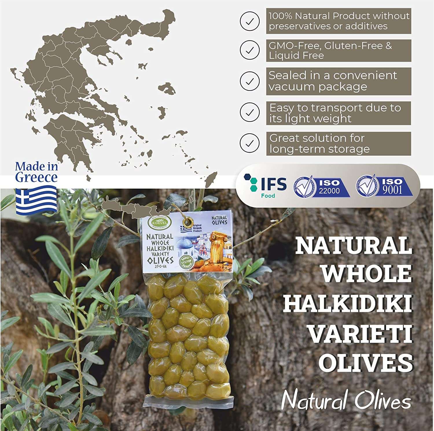 KORVEL Greek Olives - Halkidiki + Green Olives - set of two packs 2 x 0.55 lb - 1.1 lb