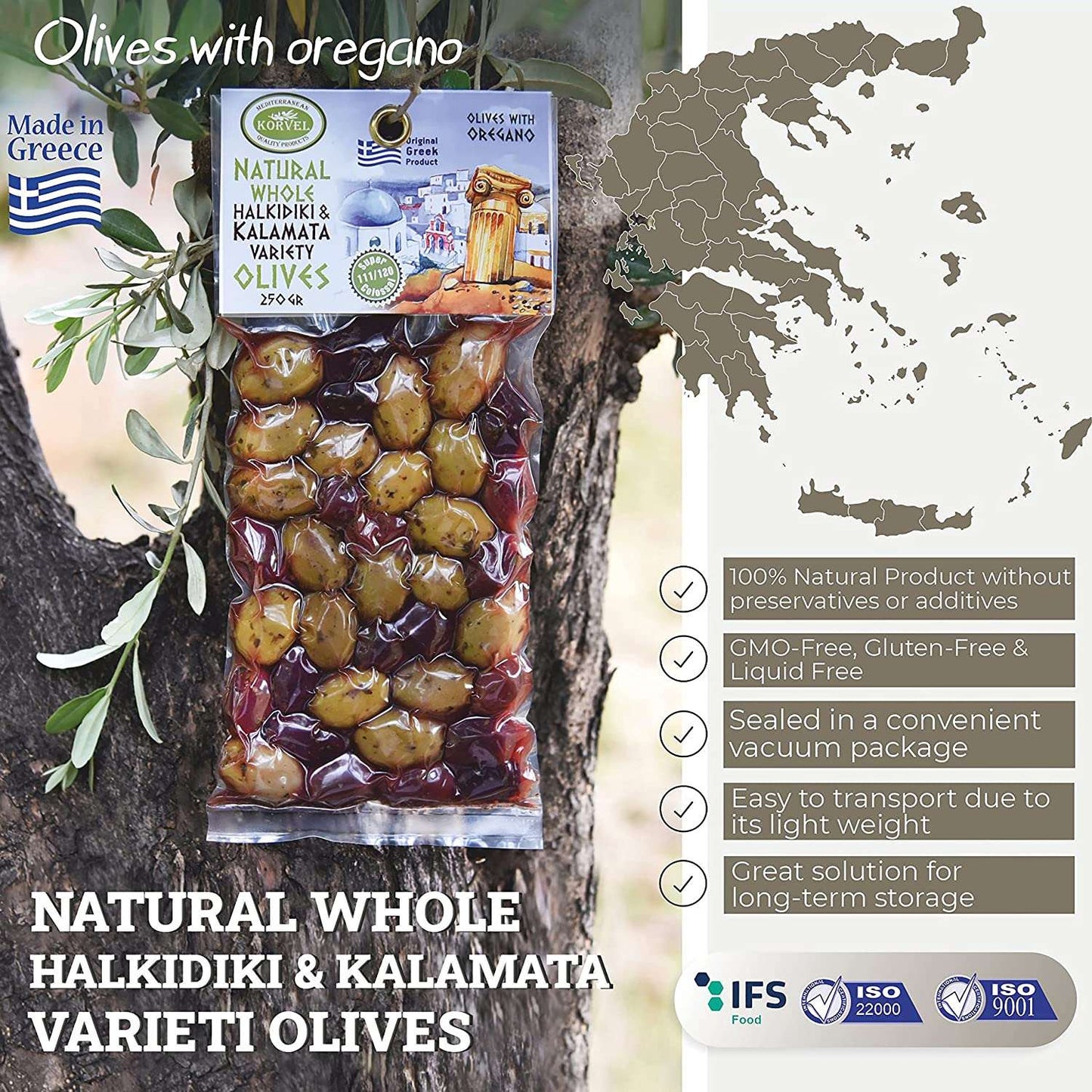 KORVEL Greek Olives - Kalamata-Halkidiki with Oregano - set of two packs 2 x 0.55 lb - 1.1 lb