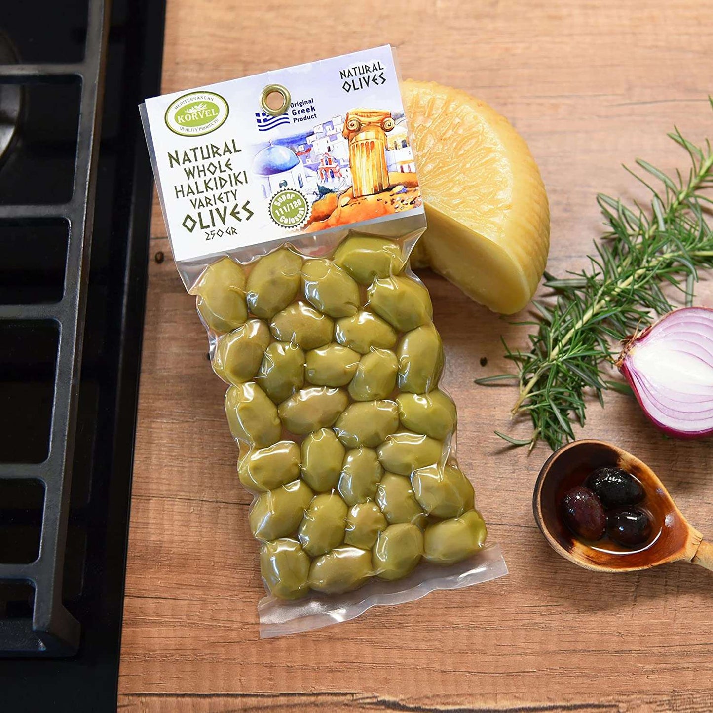 KORVEL Greek Olives - Halkidiki + Green Olives - set of two packs 2 x 0.55 lb - 1.1 lb