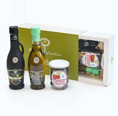 KORVEL Premium Gift Set (BIO EVOO P.D.O Kalamata, 250 ml, EVOO with Mediterranean Herbs. 250 ml, Sun Dried Tomatoes, 90g)