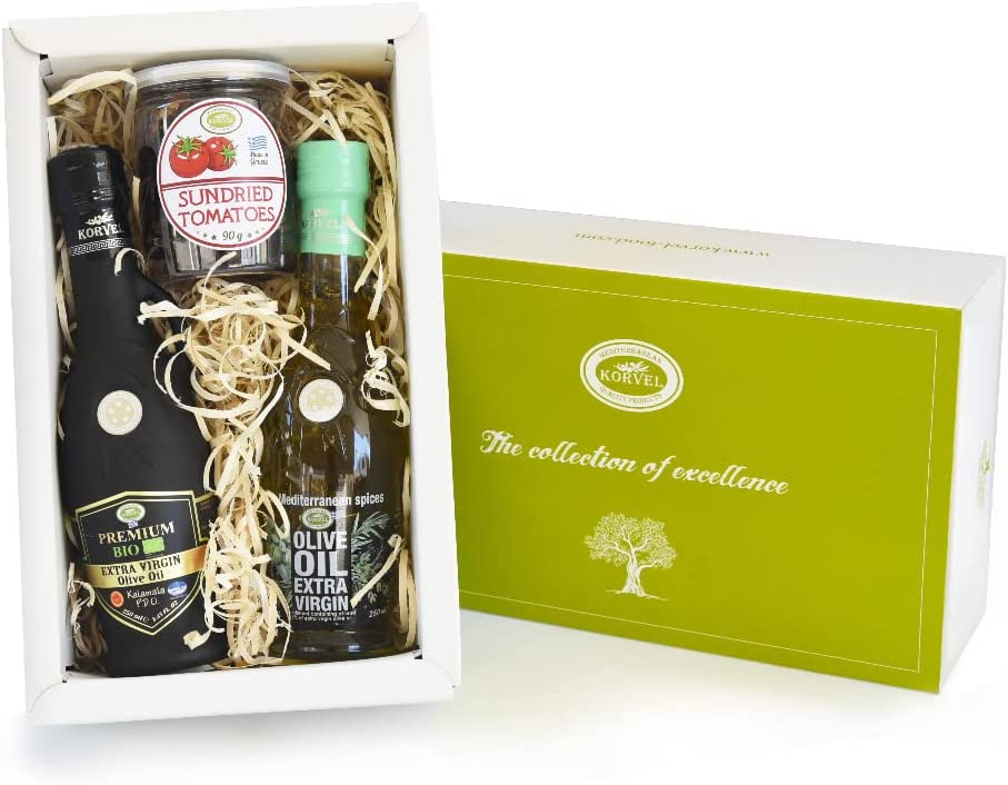 KORVEL Premium Gift Set (BIO EVOO P.D.O Kalamata, 250 ml, EVOO with Mediterranean Herbs. 250 ml, Sun Dried Tomatoes, 90g)